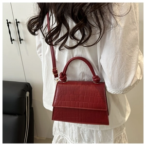 Red crocodile texture crossbody bag shown being worn by a model in a stylish interior