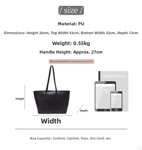 Size chart for black PU tote bag showing dimensions 43x26cm and capacity comparison