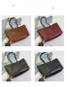 Detail view of large leather tote bags in brown, red, coffee, and black for daily commute