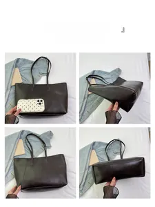 Detail views of large dark brown leather tote bag with matte finish from multiple angles