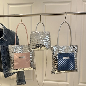 Women Stylish Silver Sequin Tote Bag Shimmering Shoulder Bag With Contrast Pocket Large Capacity Daily Commute Handbag