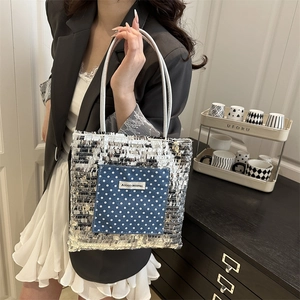 Sparkly sequin fringe tote bag with navy polka dot denim pocket and white straps