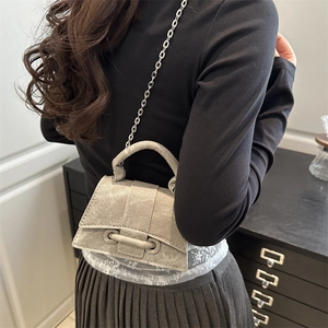 Minimalist grey textured hourglass crossbody bag with silver chain strap for women