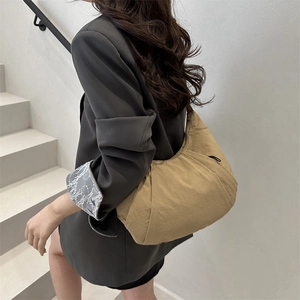 Minimalist khaki nylon pleated hobo bag for women in a large capacity tote style