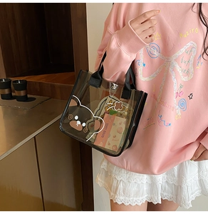 Vue détaillée du sac cabas en PVC transparent avec motif ours et poignées en sangle noire