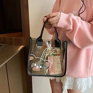 Sac cabas transparent en PVC avec imprimé ours brun et poignées en sangle noires