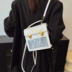Minimalist white flap crossbody ita bag with transparent window and gold metal buckles