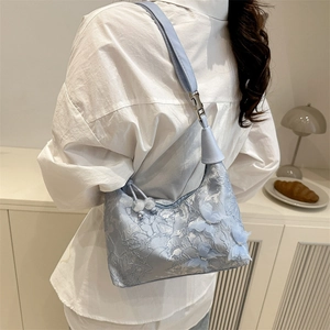 Light blue floral lace shoulder bag featuring 3D mesh butterflies and leather strap
