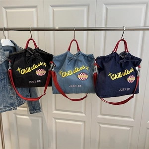 Women Trendy PU Leather Tote Bag Chill Vibes Embroidery Drawstring Shoulder Bag With Red Straps Casual Crossbody Bag