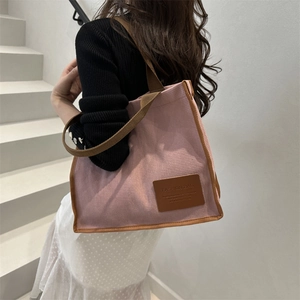 Pink corduroy tote bag with brown straps and large capacity for casual women's fashion