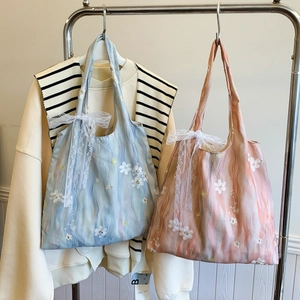 Borsa Tote in Tela Ricamata Floreale da Donna Borsa a Tracolla di Grande Capacità Con Fiocco di Pizzo Elegante Casual Moda