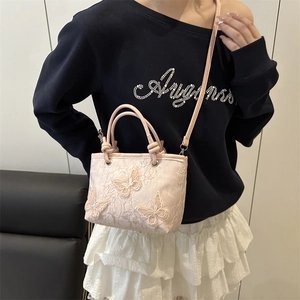 Pink lace bucket bag with 3D butterfly embroidery and crossbody strap for women