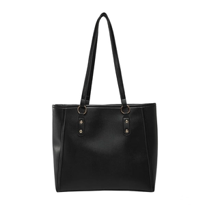 Classic black PU leather tote bag with elegant gold hardware and long shoulder straps