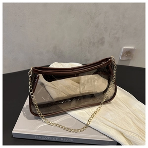 Close-up of transparent PVC shoulder bag with brown leather trim and gold chain strap