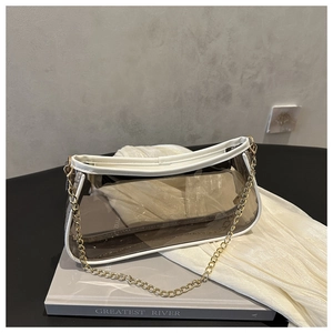 Detail of transparent PVC handbag with white leather trim and golden chain strap