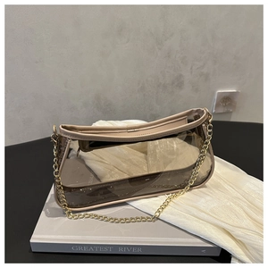 Macro detail of clear PVC baguette bag with khaki leather trim and gold chain strap