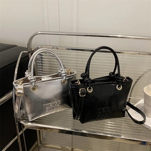 Women Wrinkled Glossy Bucket Bag Letter Embossed Synthetic Leather Shoulder Crossbody Bag Fashion Trendy Ladies Handbag Purse