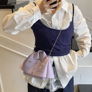 Fashionable lavender mini square crossbody bag with shirt-style collar and chain strap