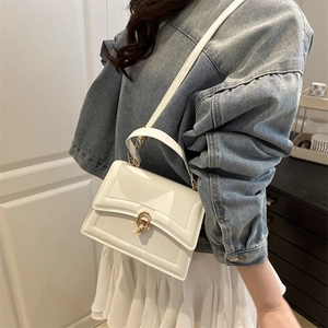 Elegant white crossbody small square bag with golden lock for women, minimalist style