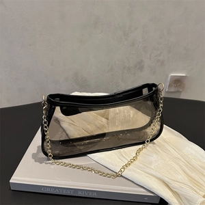Sac Sous le Bras en PVC Transparent pour Femme Sac à Bandoulière Chaîne Dorée Bordure Contrastée Sac Baguette