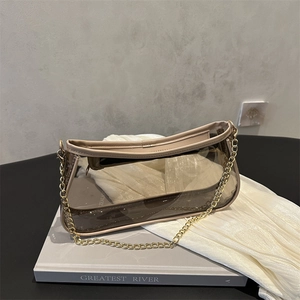 Sac Sous Le Bras Transparent en PVC pour Femmes Avec Chaîne Dorée Bordure en Similicuir Sac à Épaule Chic Été Main Décontracté
