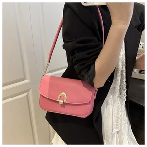 Pink crossbody bag with a gold horseshoe buckle shown on a model in a mirror selfie