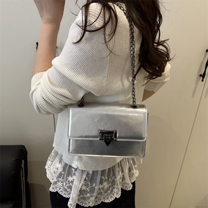 Chic silver metallic small square shoulder bag with dark grey chain strap and lock