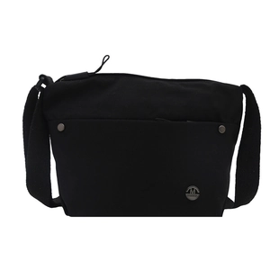 Minimalist black crossbody bag with adjustable strap and M FASHION metal logo