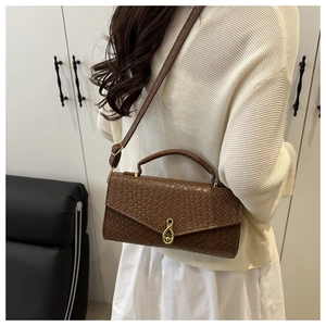 Macro detail of brown woven texture handbag with golden treble clef metal buckle
