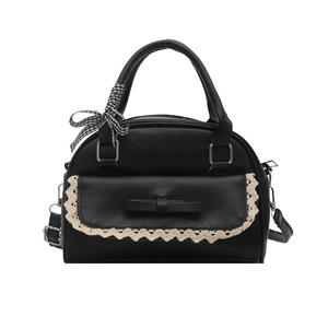 Fashionable black shell shoulder bag with checkered bow and white lace detail for women