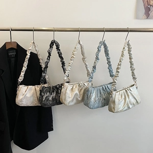 Women Ruched Underarm Bag Elegant Floral Satin Shoulder Bag Sequined Square Bag Y2K Trendy Bag For Daily Travel Party