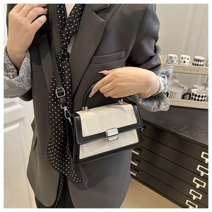 Detail of woven beige handbag with black leather trim and silver metal twist lock
