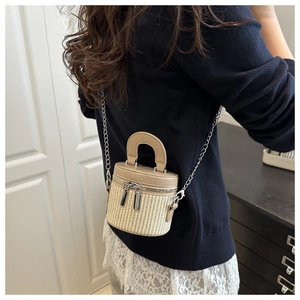 Rear view of a model wearing a mini woven bucket bag with chain strap and leather top
