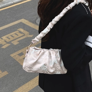 Minimalist light pink satin shoulder bag with vintage landscape print and ruched strap