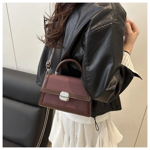 Detail of burgundy woven square handbag featuring silver twist lock and leather trim