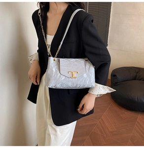 Dettaglio borsa in pelle testurizzata azzurra con fibbia a T dorata e tracolla a catena