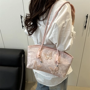 Pink lace tote bag with 3D butterfly embroidery and double shoulder straps for women