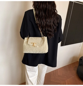 Dettaglio borsa a tracolla plissettata beige chiaro con chiusura a T in metallo dorato