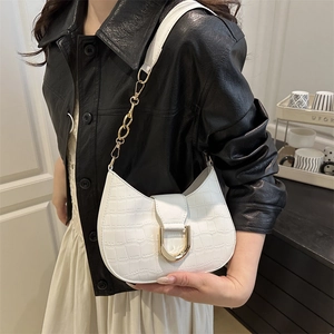 White crocodile pattern crescent bag with golden U-buckle and metal chain strap