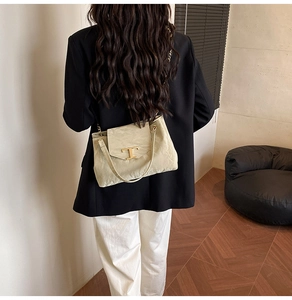 Dettaglio borsa a tracolla beige con fibbia a T dorata e texture plissettata