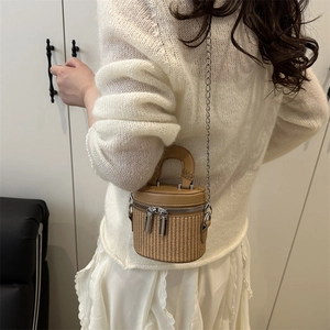 Mini cylinder straw bucket bag with leather trim and metal chain strap for women