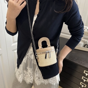 Beige woven bucket bag with leather trim and silver chain strap worn by a model