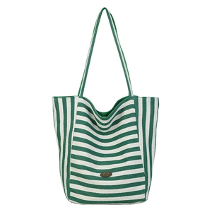 Chic green and white striped canvas tote bag with large capacity and handmade label