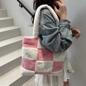 Pink and white checkered plush tote bag with soft padded shoulder straps for women