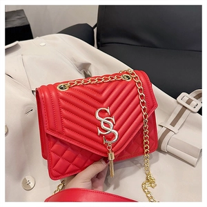 Detail of red quilted leather handbag with gold chain strap and S-shaped metal buckle