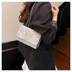Detail of silver pleated shoulder bag with gold butterfly clasp and metal chain strap