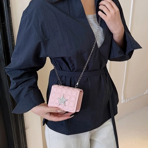 Pink quilted mini square crossbody bag with rhinestone star and silver chain strap