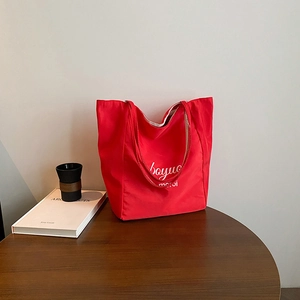 Sac Fourre-tout en Toile Rayée de Grande Capacité pour Femmes Sac à Épaule en Nylon Double Face Minimaliste Imprimé de Lettres Shopping Voyage