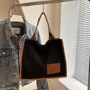 Women Corduroy Large Capacity Tote Bag Fashion Striped Shoulder Bag Vintage Style Contrast Color Casual Commute Handbag