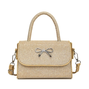 Elegant gold glitter mini square handbag with silver metal bow and adjustable shoulder strap